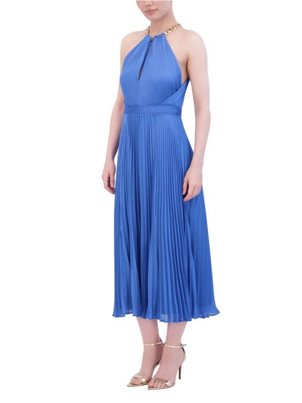💙 BCBG Palace Blue Pleated Halter Midi Dress — NWT